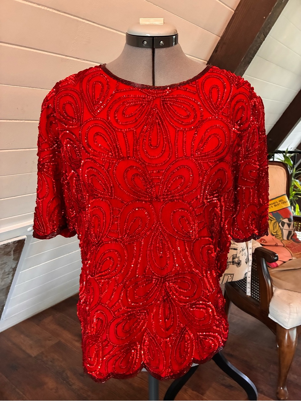 VTG Ornate Red Beaded Short-Sleeve Women's Blouse
